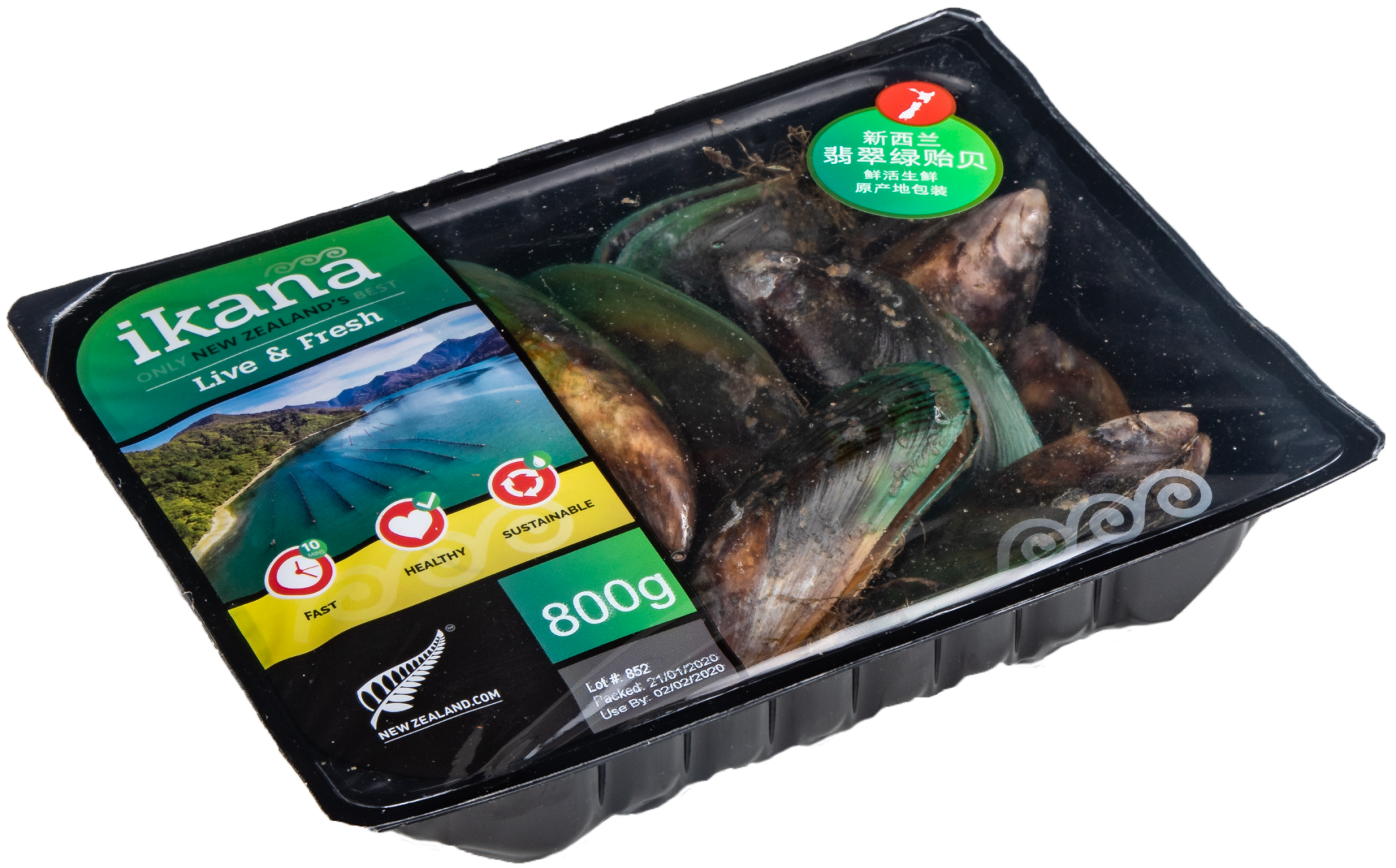 Live New Zealand Jumbo Greenshell Mussels (full shell) 800g, price/pack