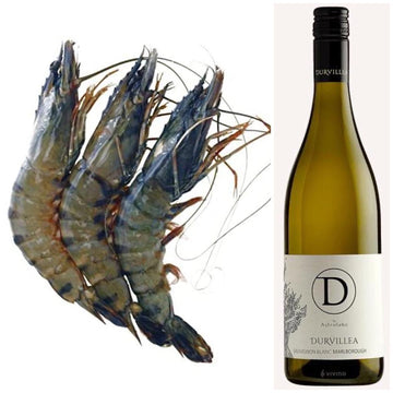 Black Tiger Prawns (21/25) with a bottle of Durvillea (Marlborough) Sauvignon Blanc